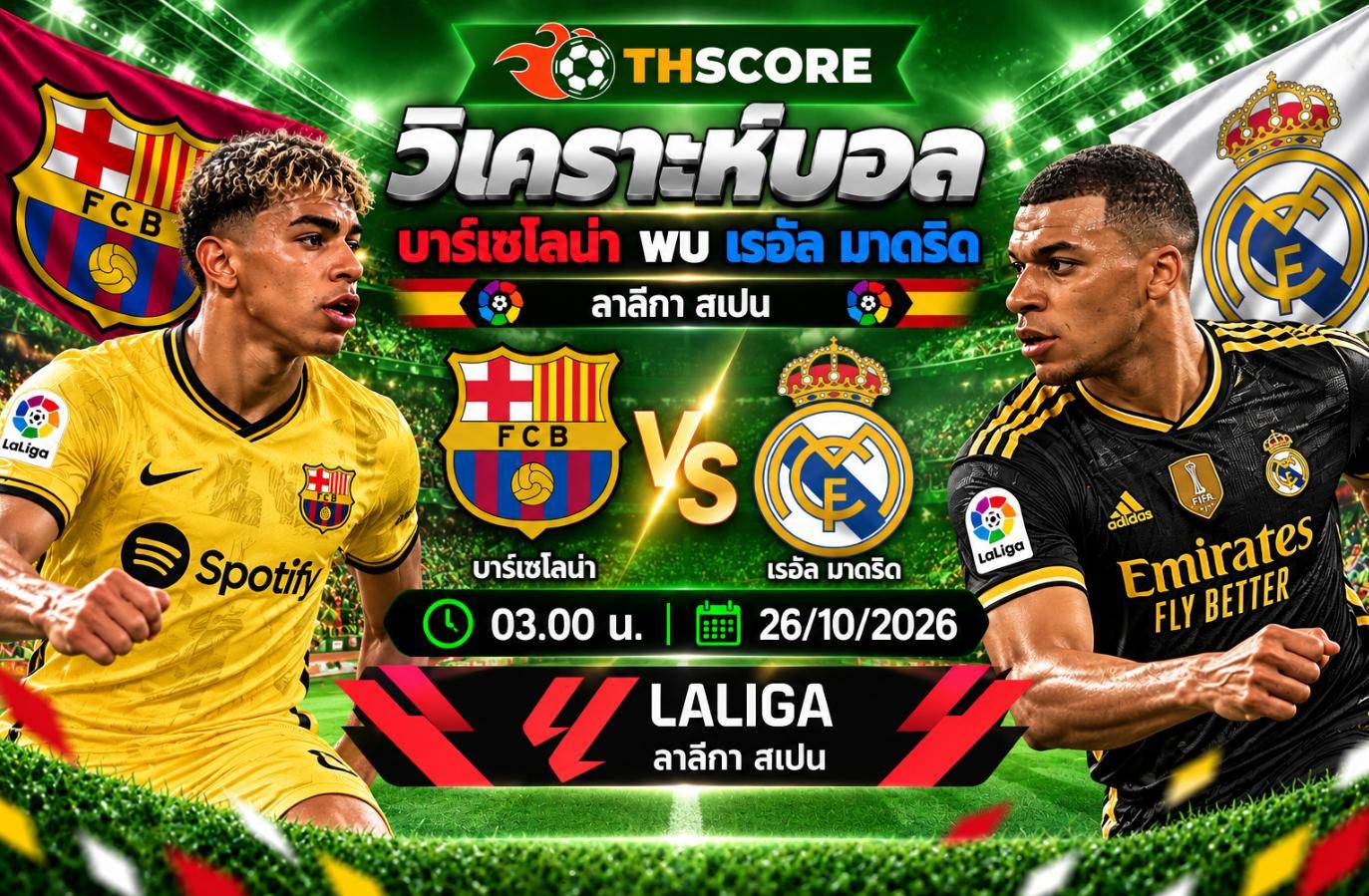 วิเคราะห์บอล บาร์เซโลนา พบ เรอัล มาดริด 03:00 26 ต.ค. 2026 – ลาลีกา สเปน